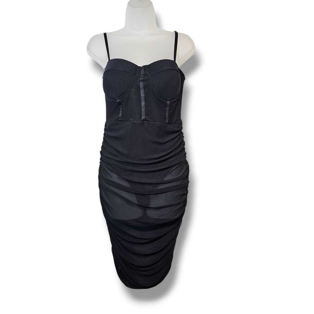 Story On Sheer Black Corset Dress L Ruched Mesh Bodysuit Midi Goth Dark Sexy Alt